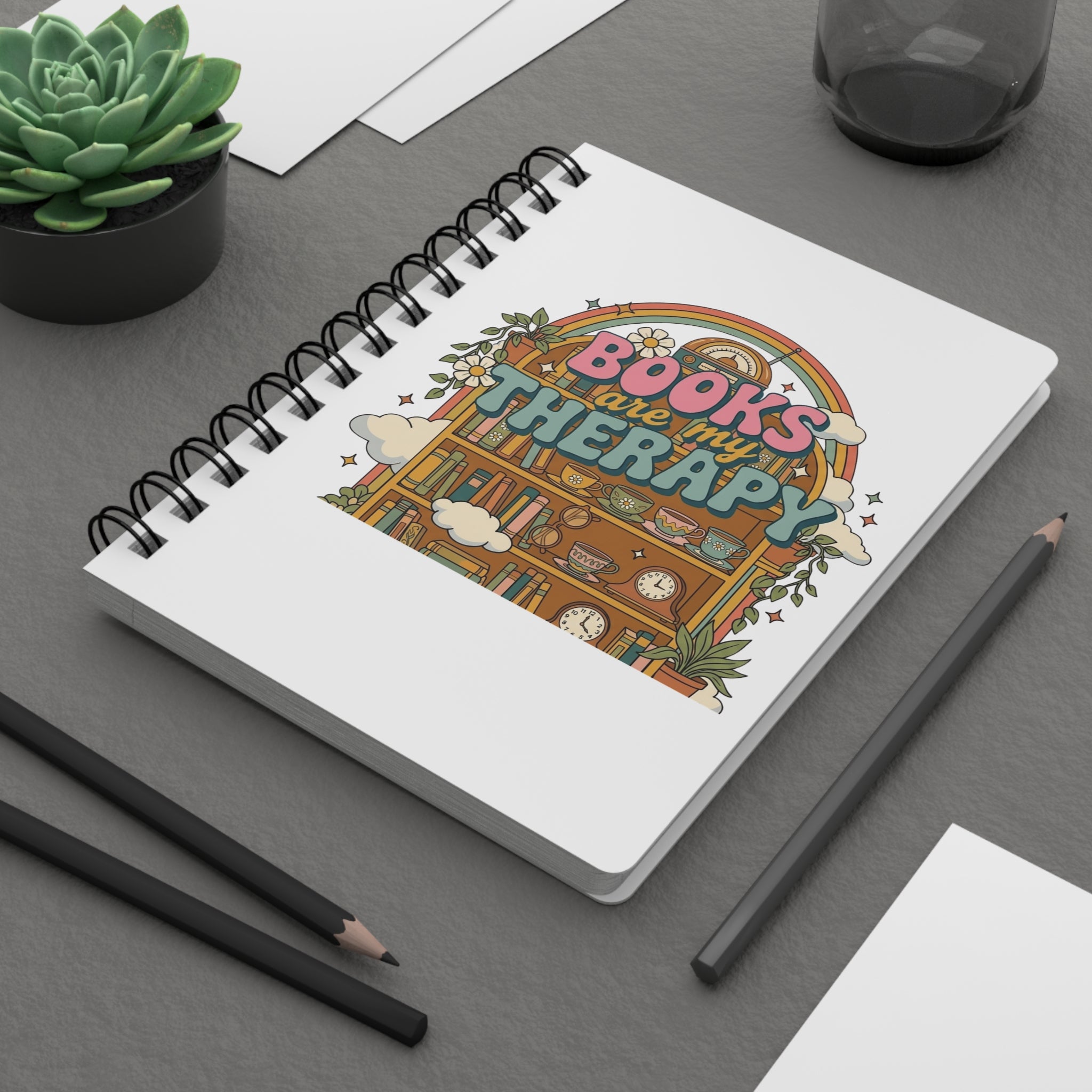 Books Are My Therapy Spiral Notebook | Reading Library Illustration Journal