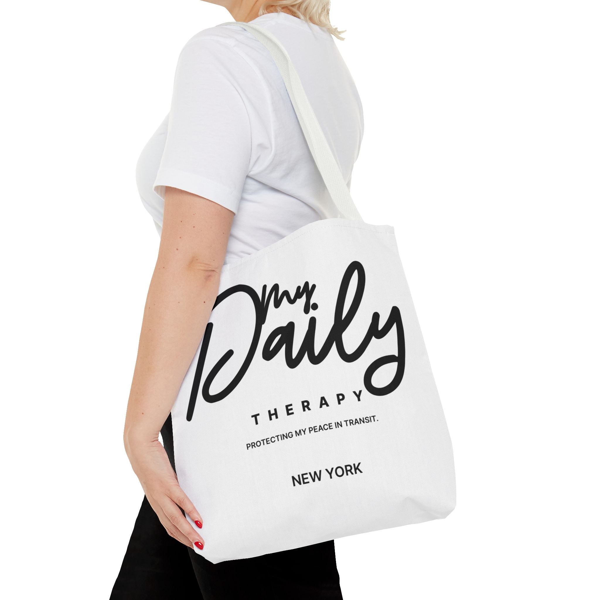 My Daily Therapy Tote Bag | New York script design, black white aesthetic