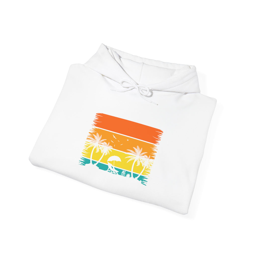 Retro Tropical Sunset Palm Trees Hoodie | Vintage Beach Striped Design