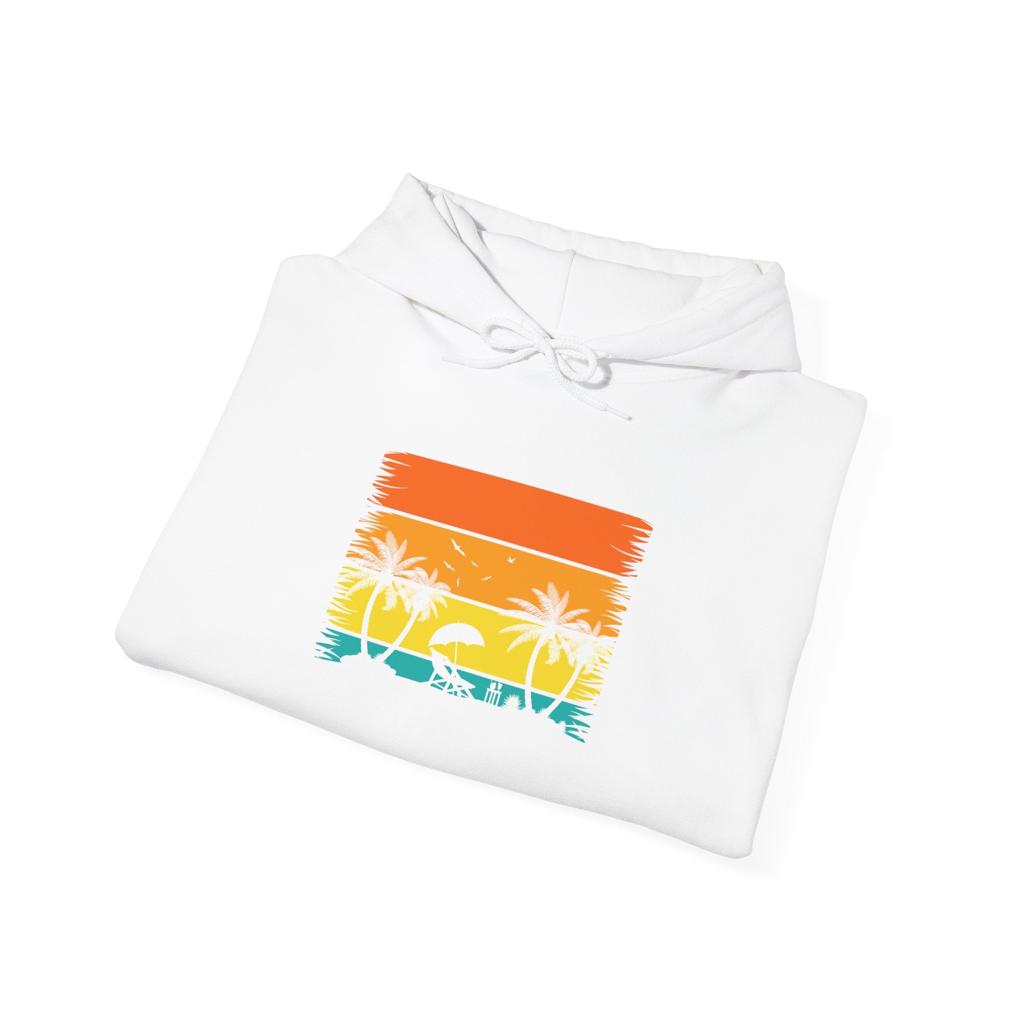 Retro Tropical Sunset Palm Trees Hoodie | Vintage Beach Striped Design