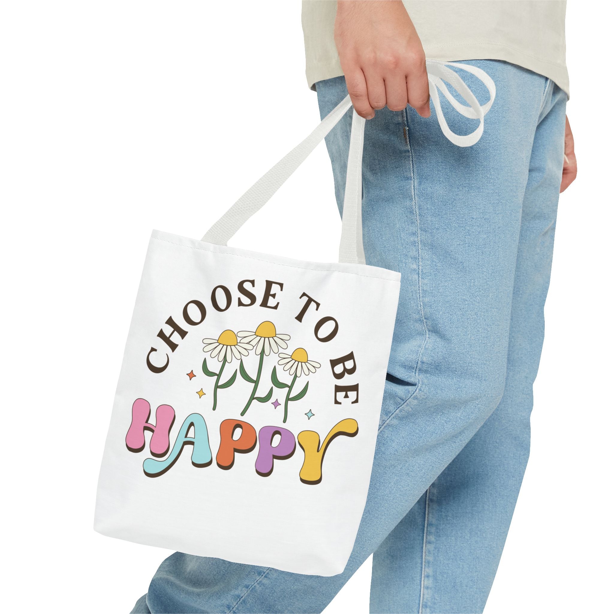 Choose To Be Happy Daisies Design Tote Bag | Pastel Retro Typography