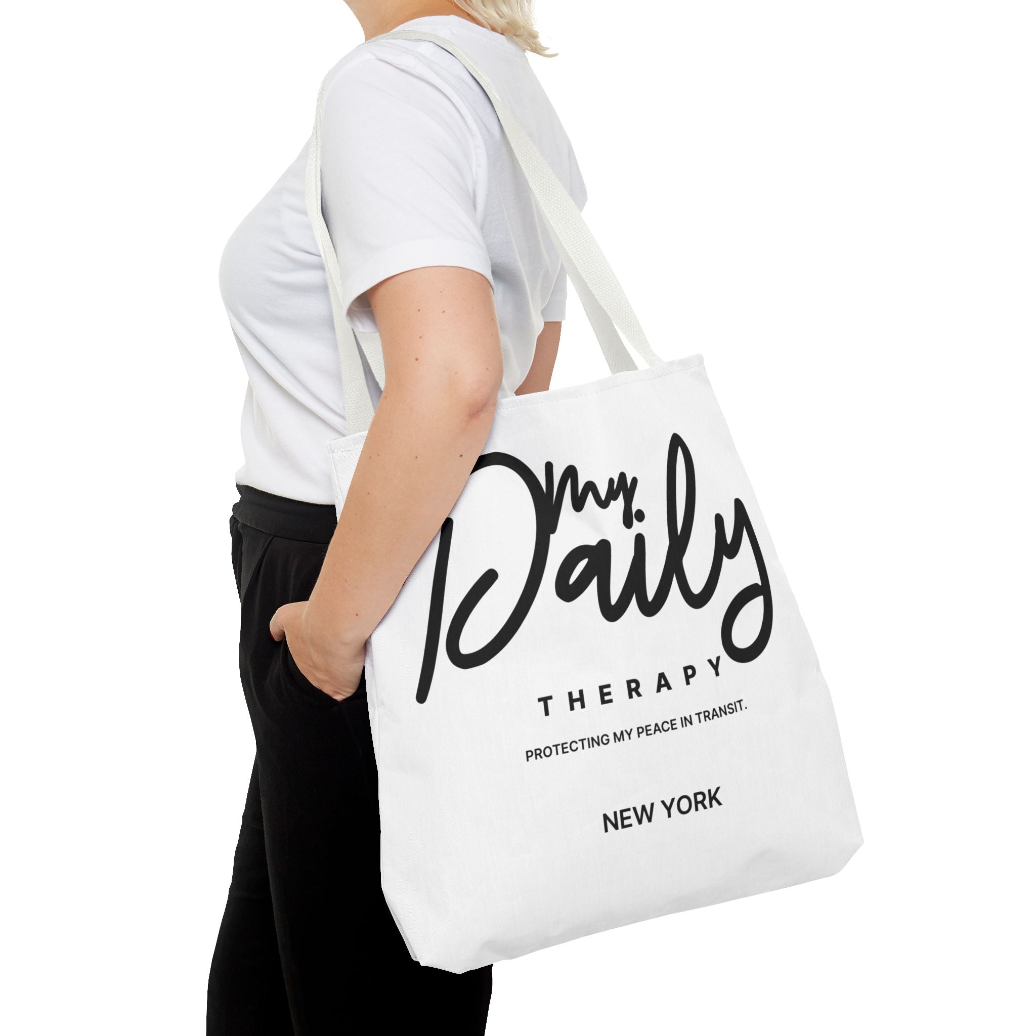 My Daily Therapy Tote Bag | New York script design, black white aesthetic