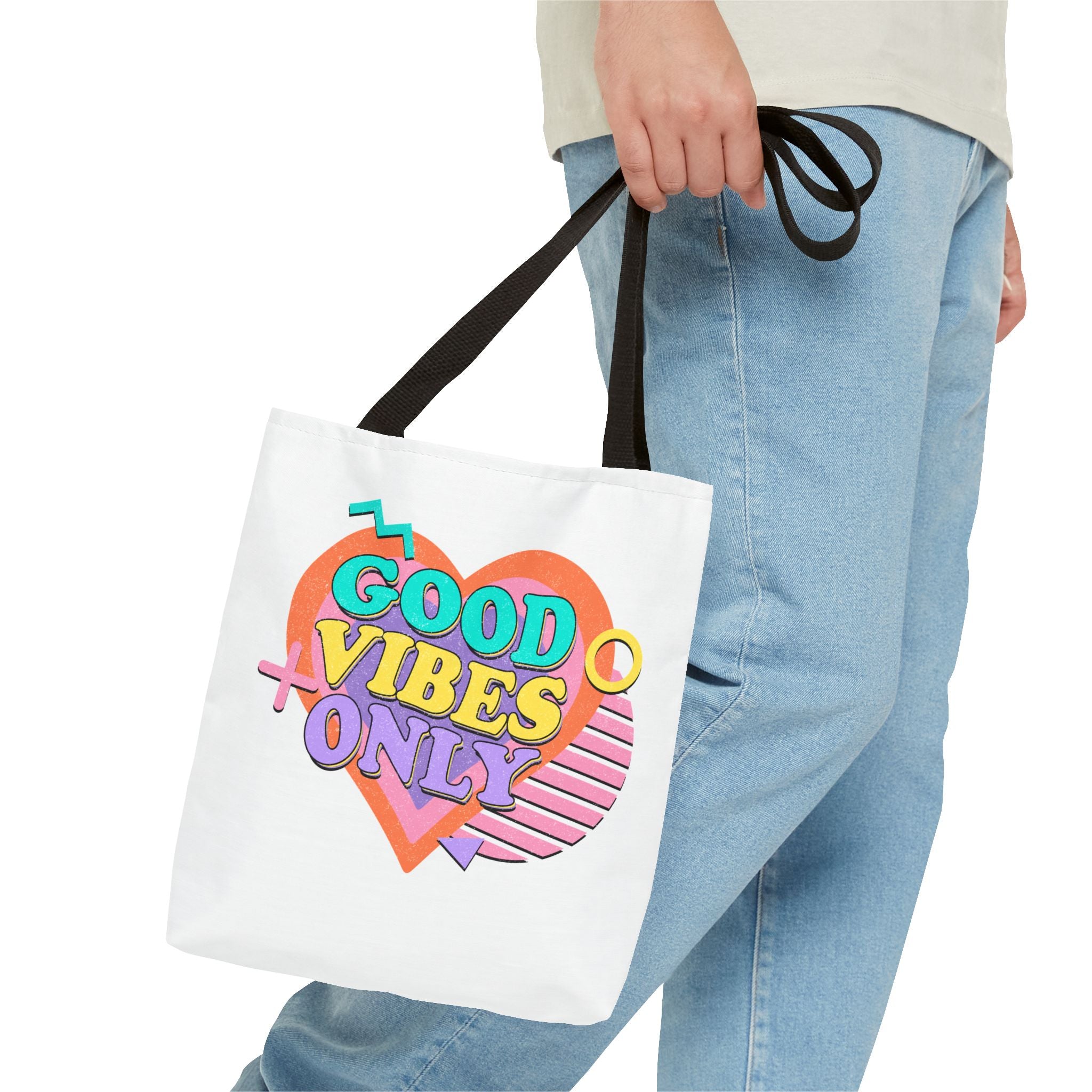 Good Vibes Only Heart Graphic Tote Bag | Colorful Retro Typography