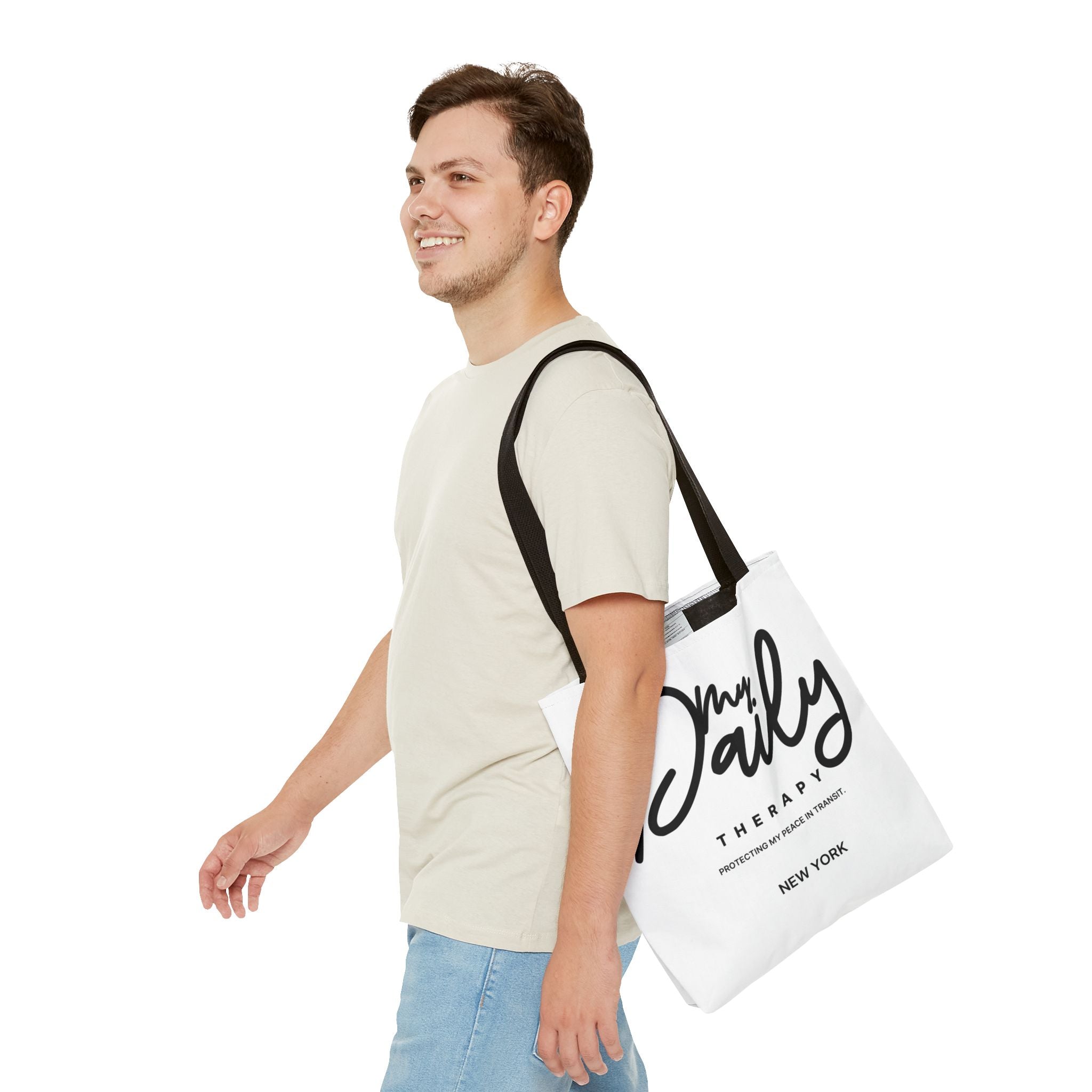 My Daily Therapy Tote Bag | New York script design, black white aesthetic