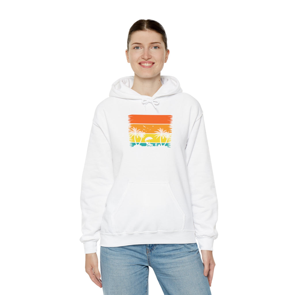 Retro Tropical Sunset Palm Trees Hoodie | Vintage Beach Striped Design