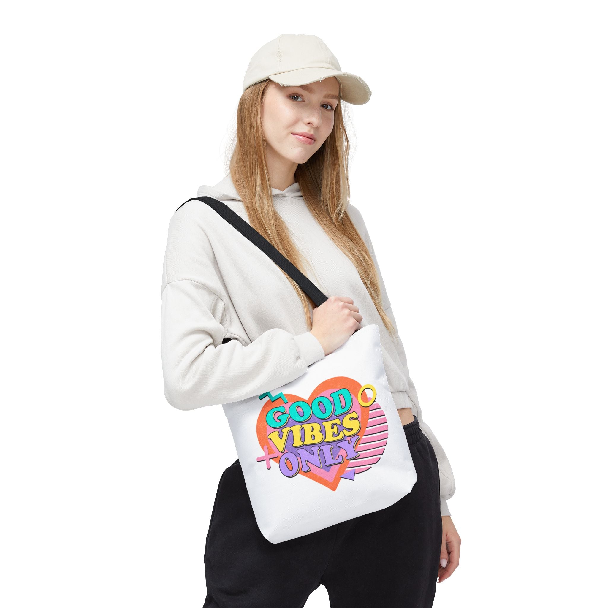 Good Vibes Only Heart Graphic Tote Bag | Colorful Retro Typography
