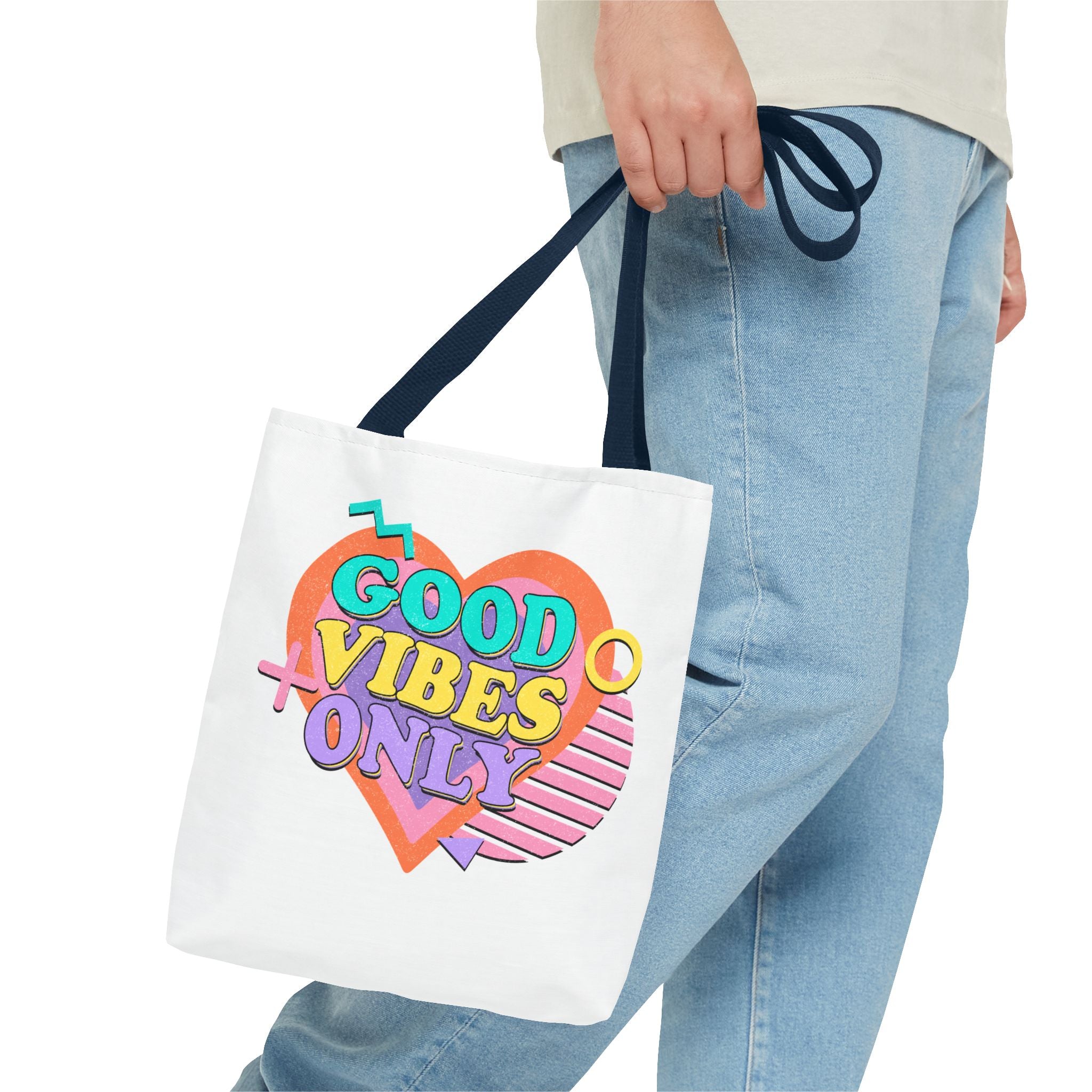 Good Vibes Only Heart Graphic Tote Bag | Colorful Retro Typography