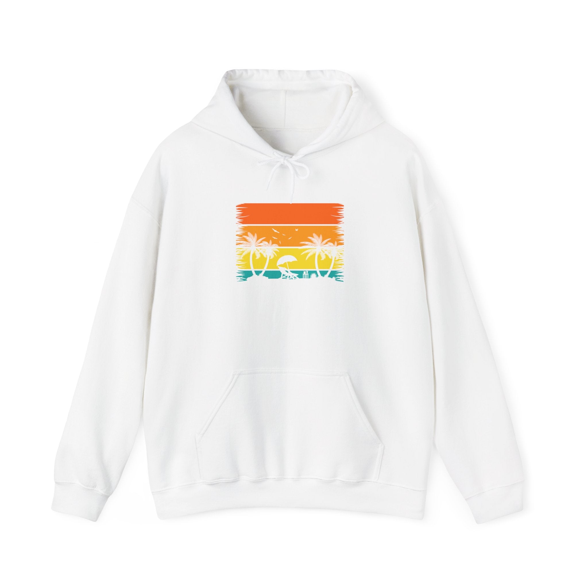 Retro Tropical Sunset Palm Trees Hoodie | Vintage Beach Striped Design