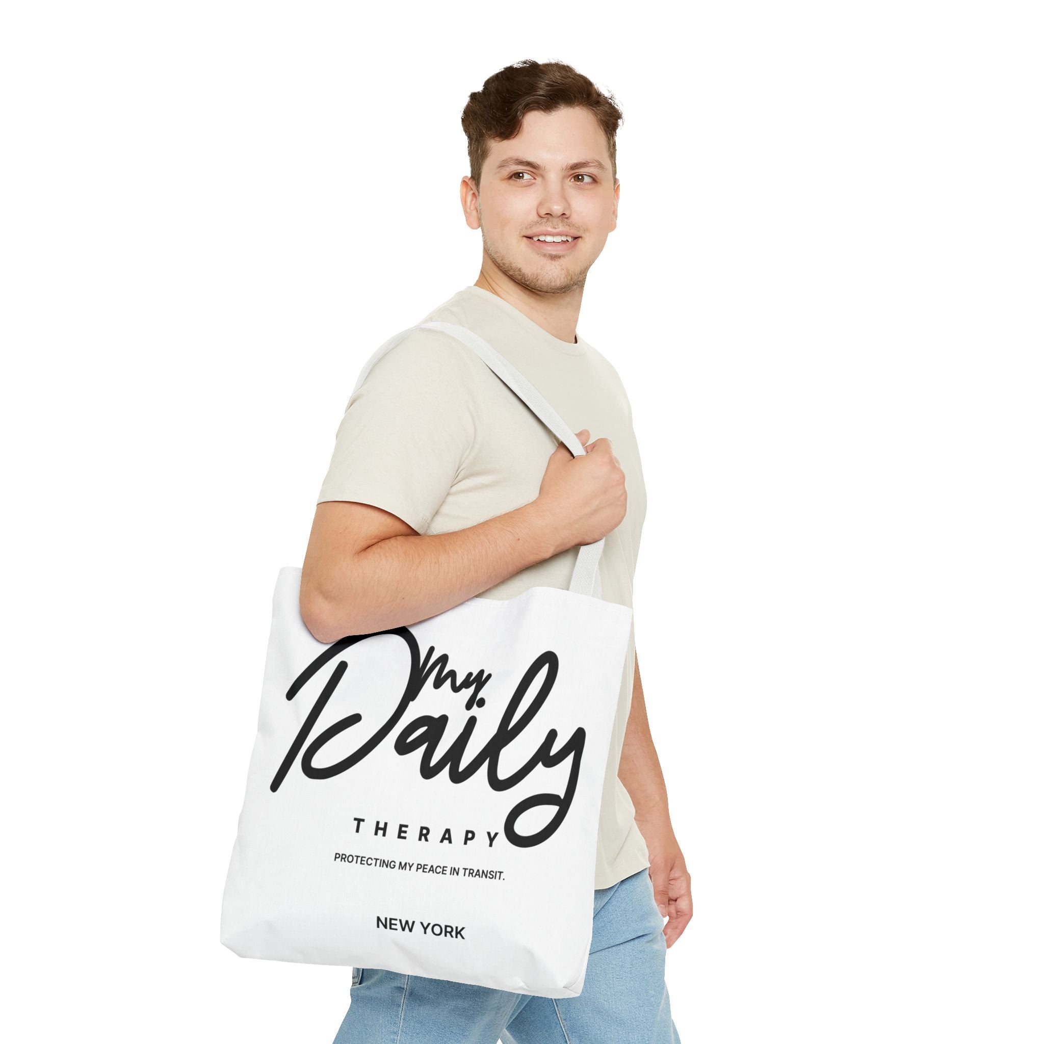 My Daily Therapy Tote Bag | New York script design, black white aesthetic