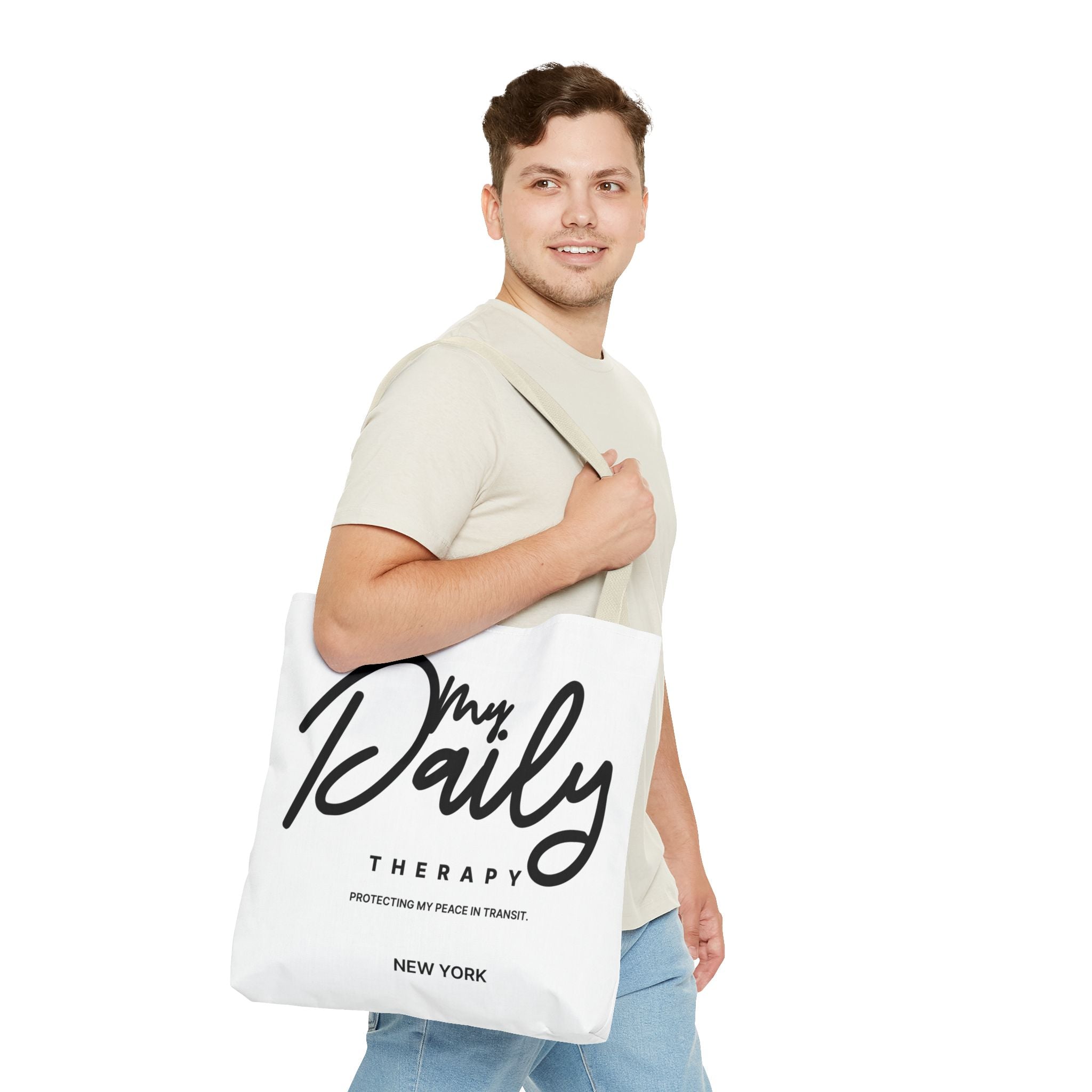 My Daily Therapy Tote Bag | New York script design, black white aesthetic