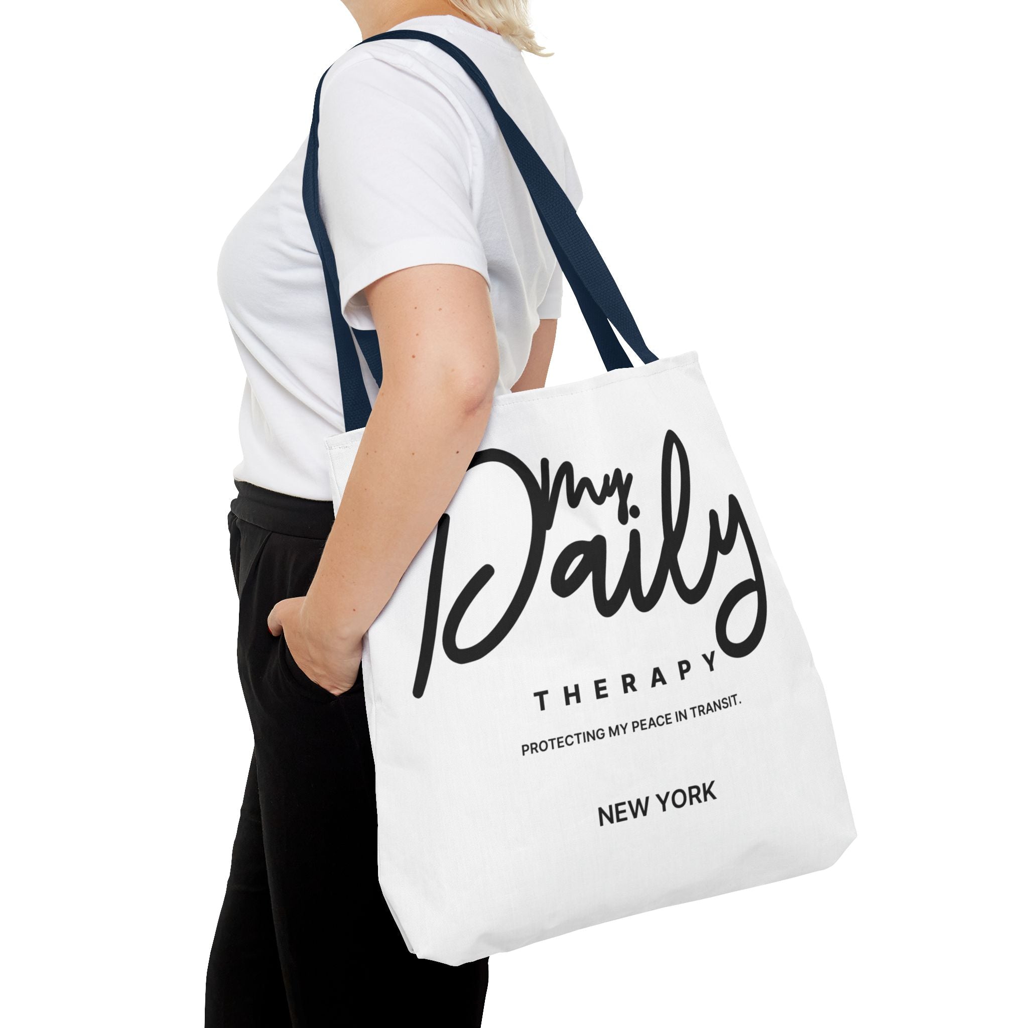 My Daily Therapy Tote Bag | New York script design, black white aesthetic