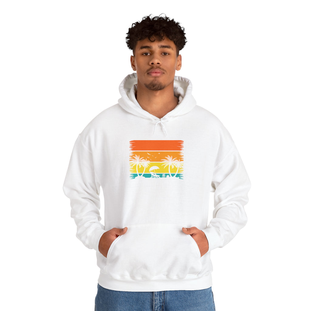 Retro Tropical Sunset Palm Trees Hoodie | Vintage Beach Striped Design