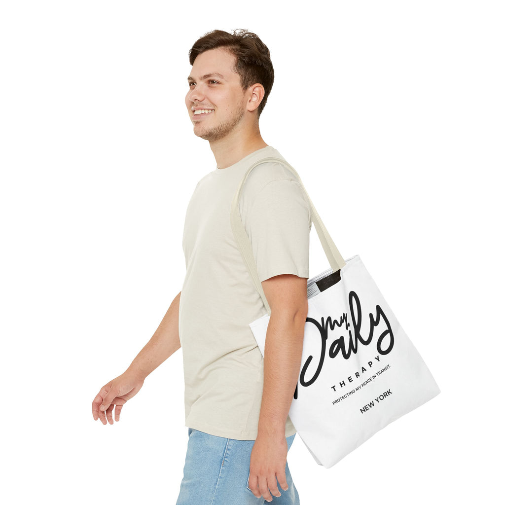 My Daily Therapy Tote Bag | New York script design, black white aesthetic
