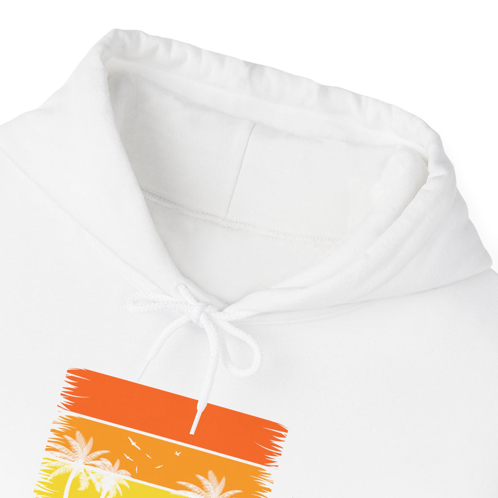 Retro Tropical Sunset Palm Trees Hoodie | Vintage Beach Striped Design
