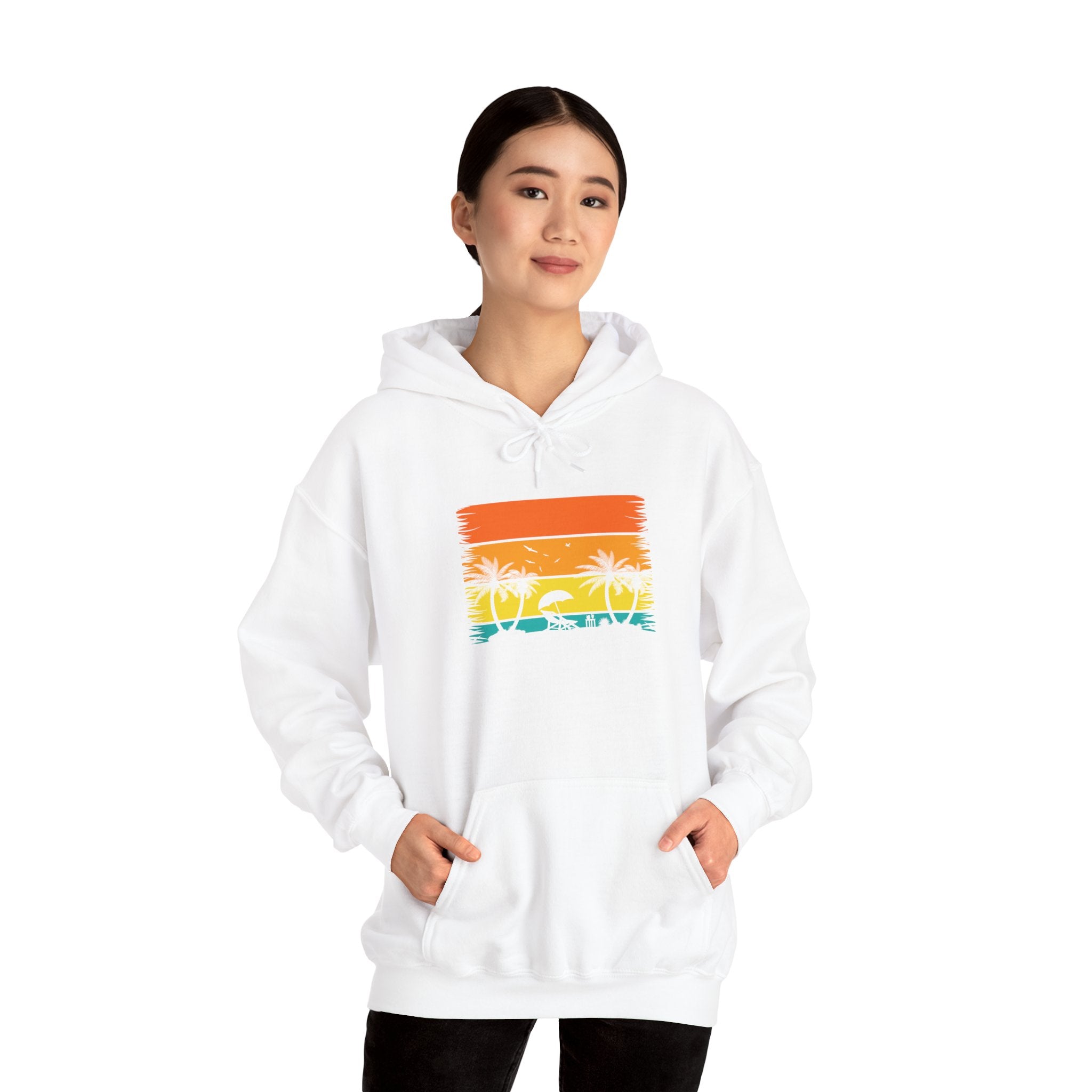 Retro Tropical Sunset Palm Trees Hoodie | Vintage Beach Striped Design