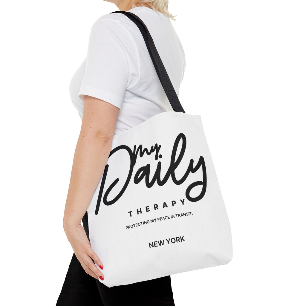 My Daily Therapy Tote Bag | New York script design, black white aesthetic