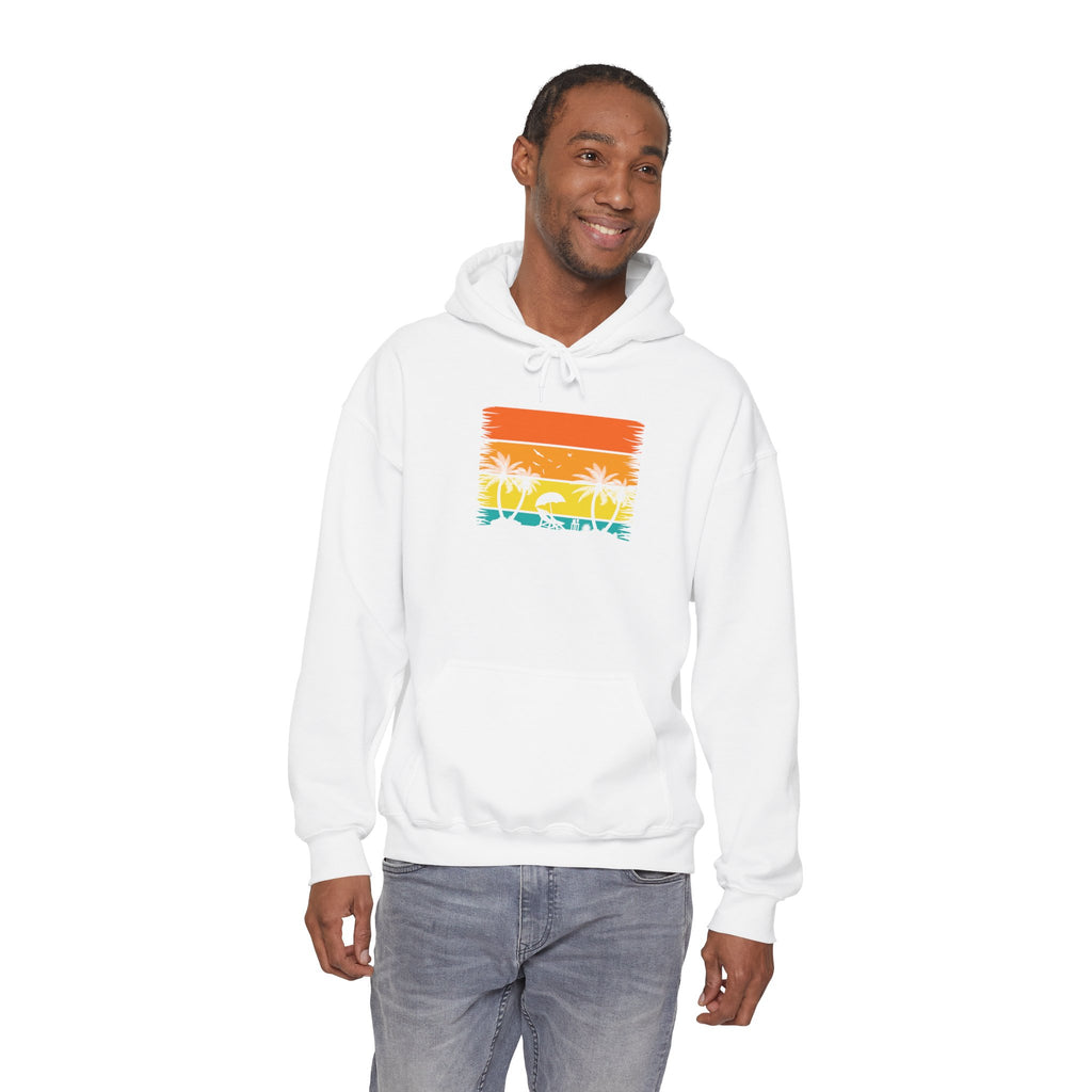 Retro Tropical Sunset Palm Trees Hoodie | Vintage Beach Striped Design