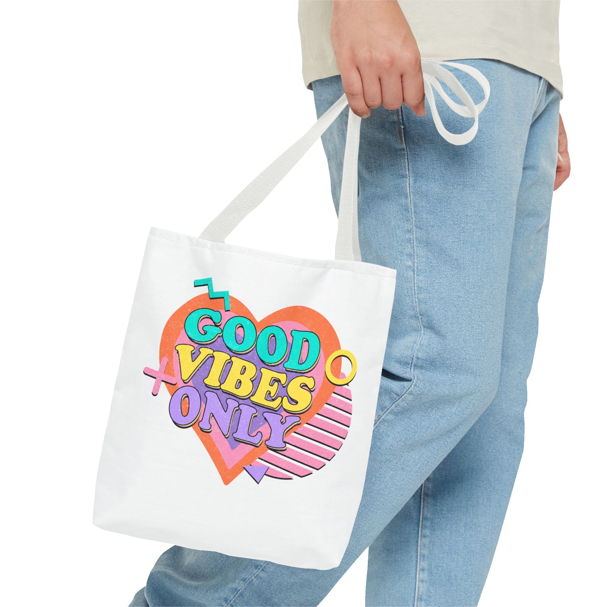 Good Vibes Only Heart Graphic Tote Bag | Colorful Retro Typography