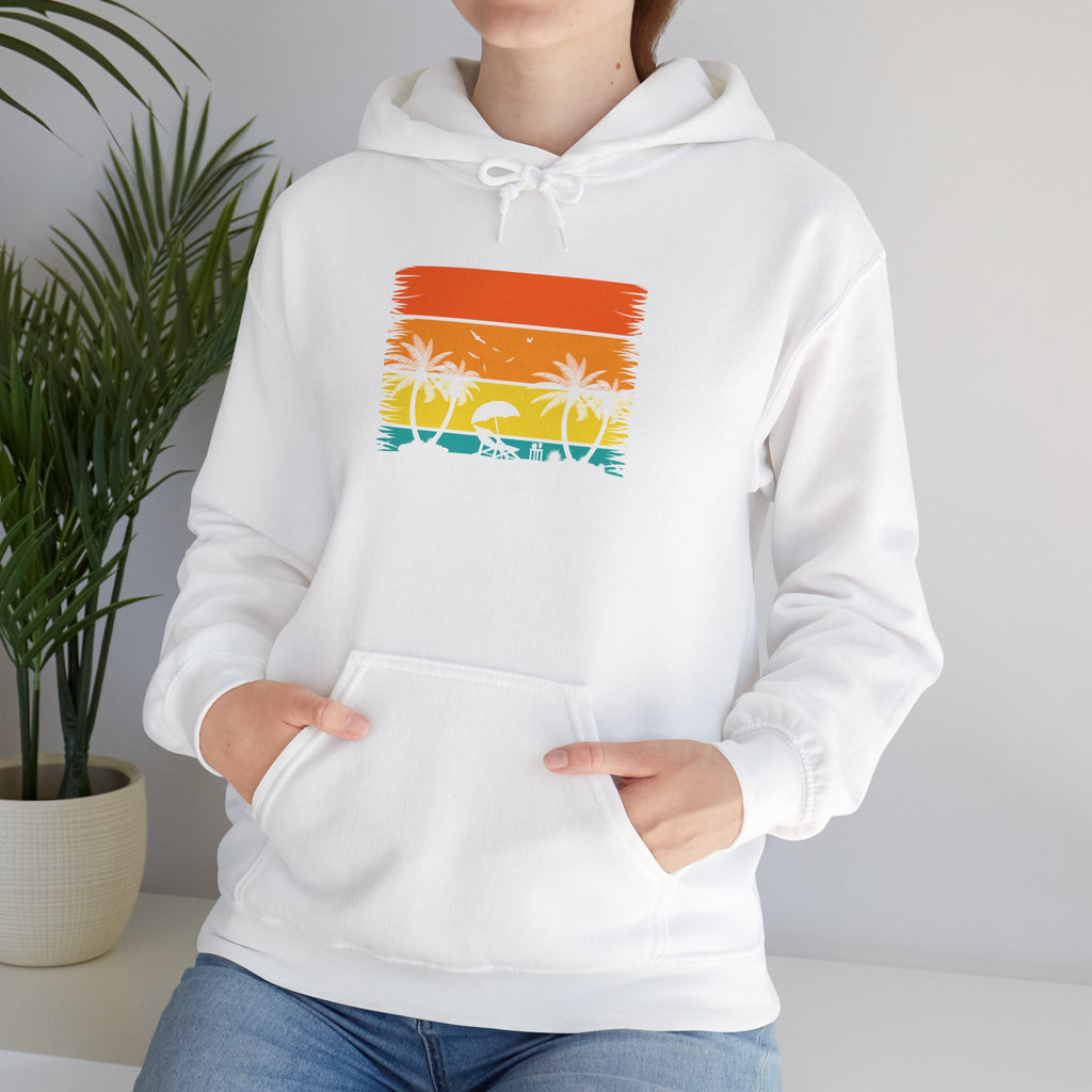 Retro Tropical Sunset Palm Trees Hoodie | Vintage Beach Striped Design