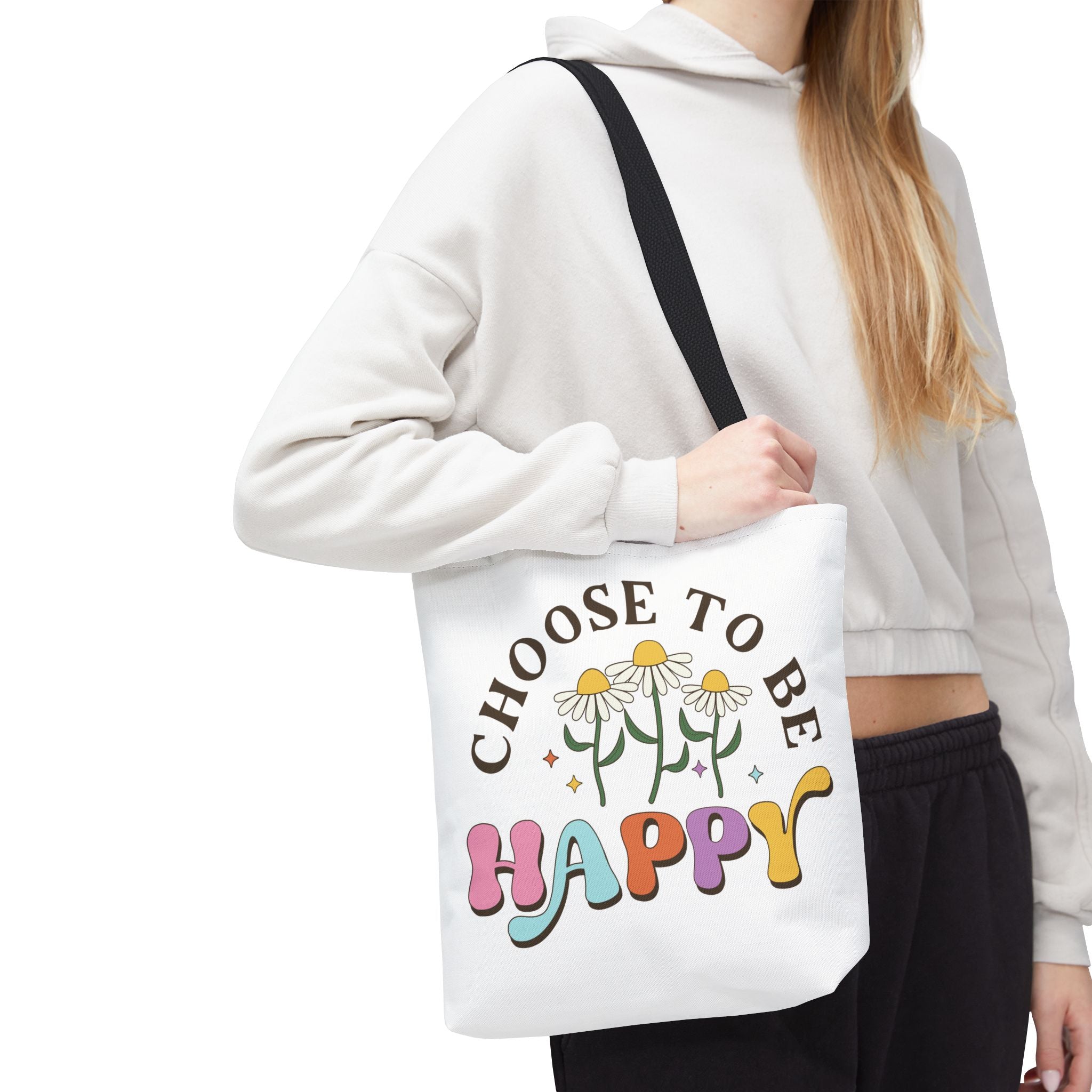 Choose To Be Happy Daisies Design Tote Bag | Pastel Retro Typography
