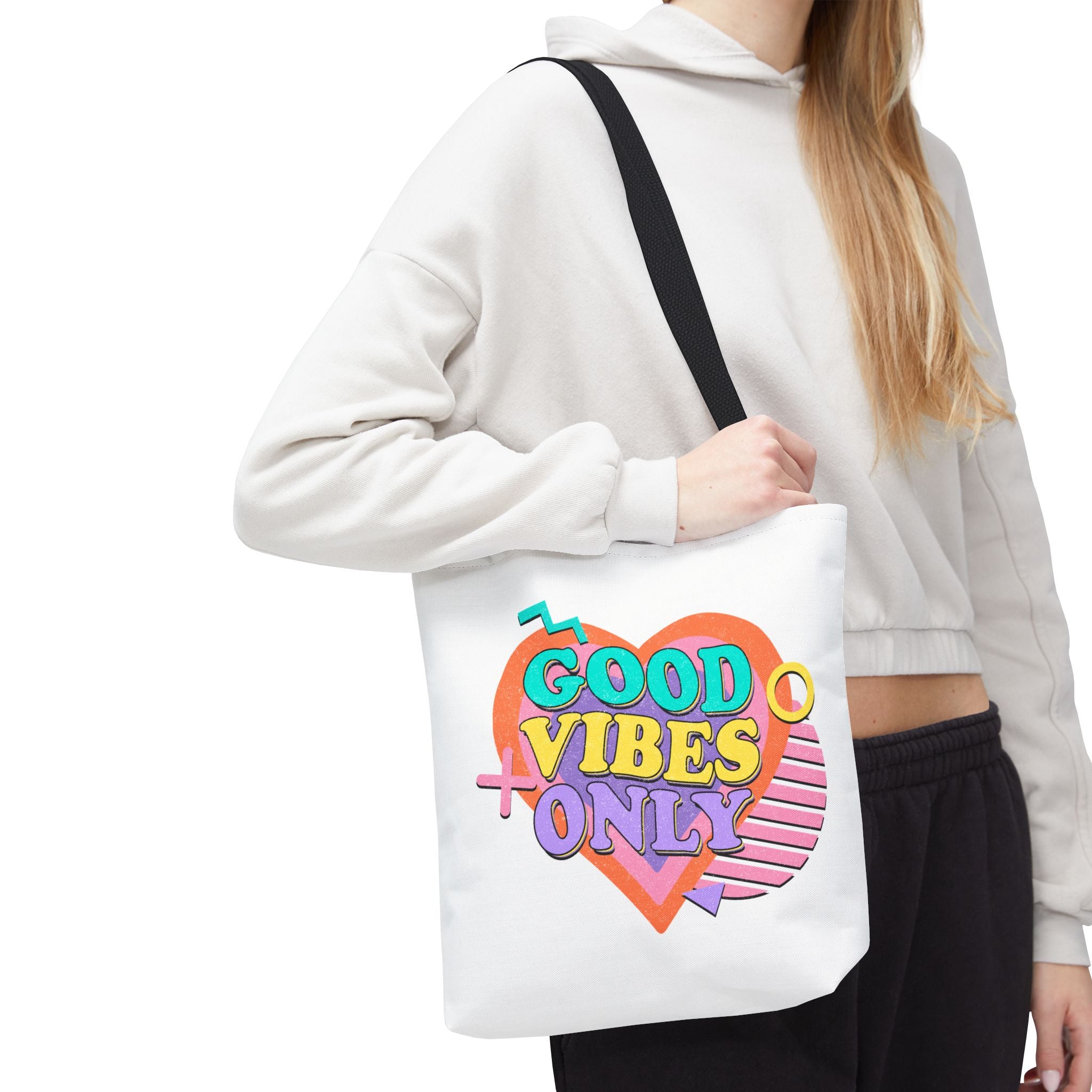Good Vibes Only Heart Graphic Tote Bag | Colorful Retro Typography