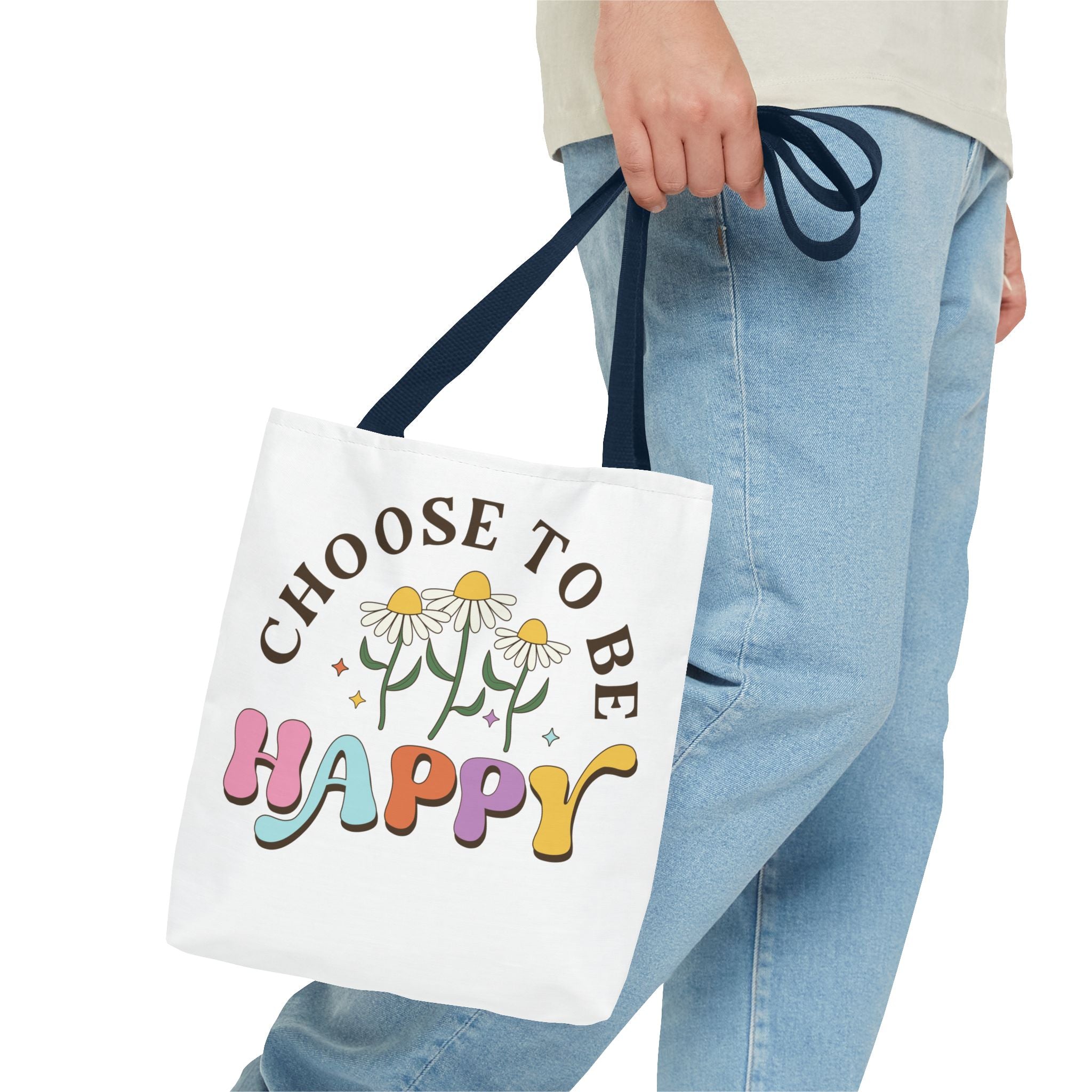 Choose To Be Happy Daisies Design Tote Bag | Pastel Retro Typography