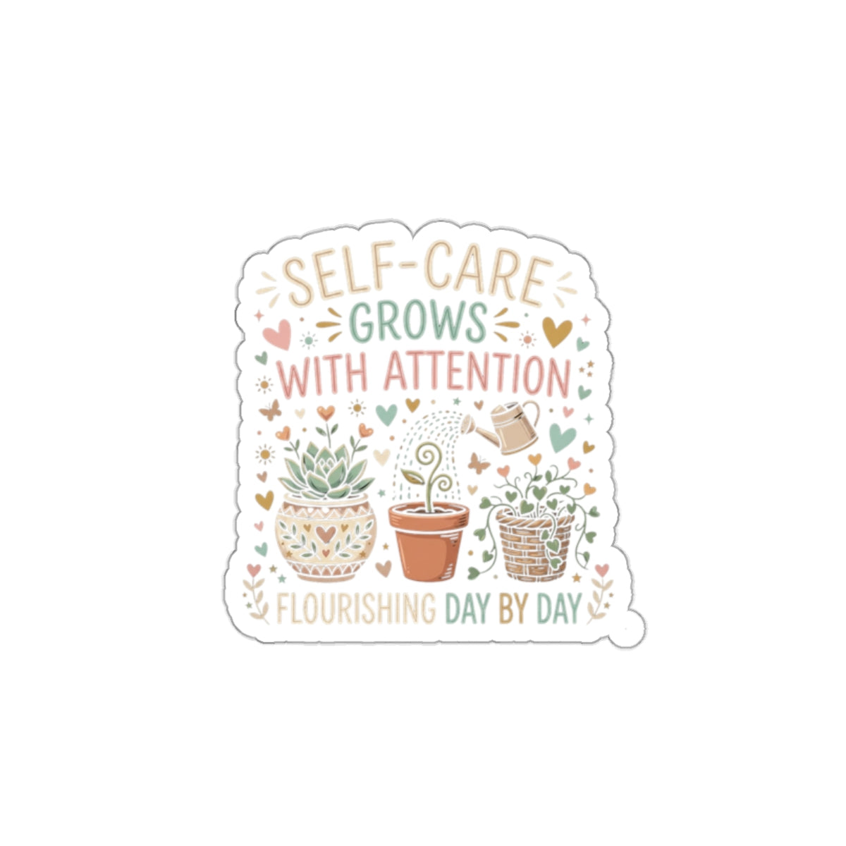 Self-Care Grows With Attention Sticker | Die-Cut Sticker, Plant Illustration, Positive Quote