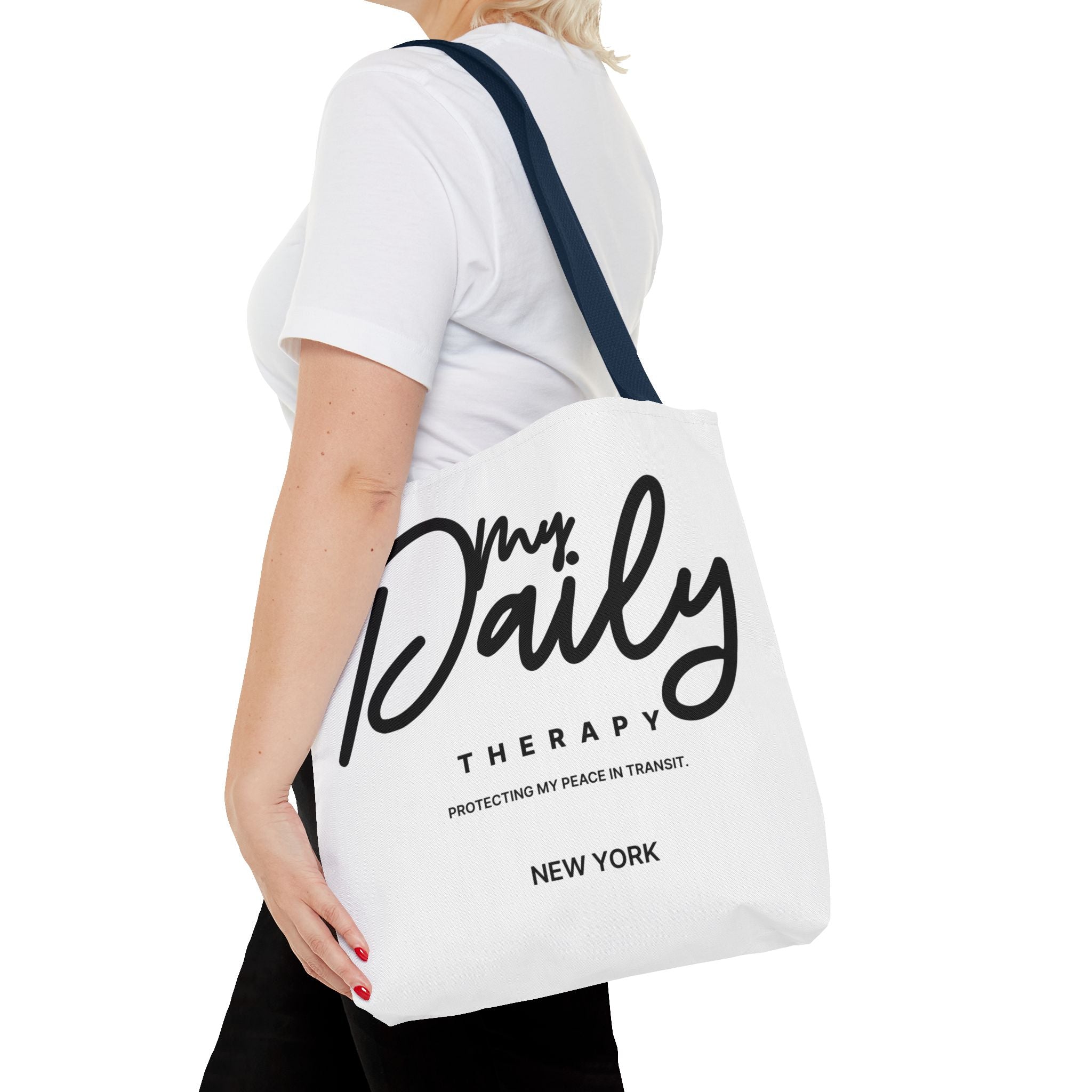 My Daily Therapy Tote Bag | New York script design, black white aesthetic