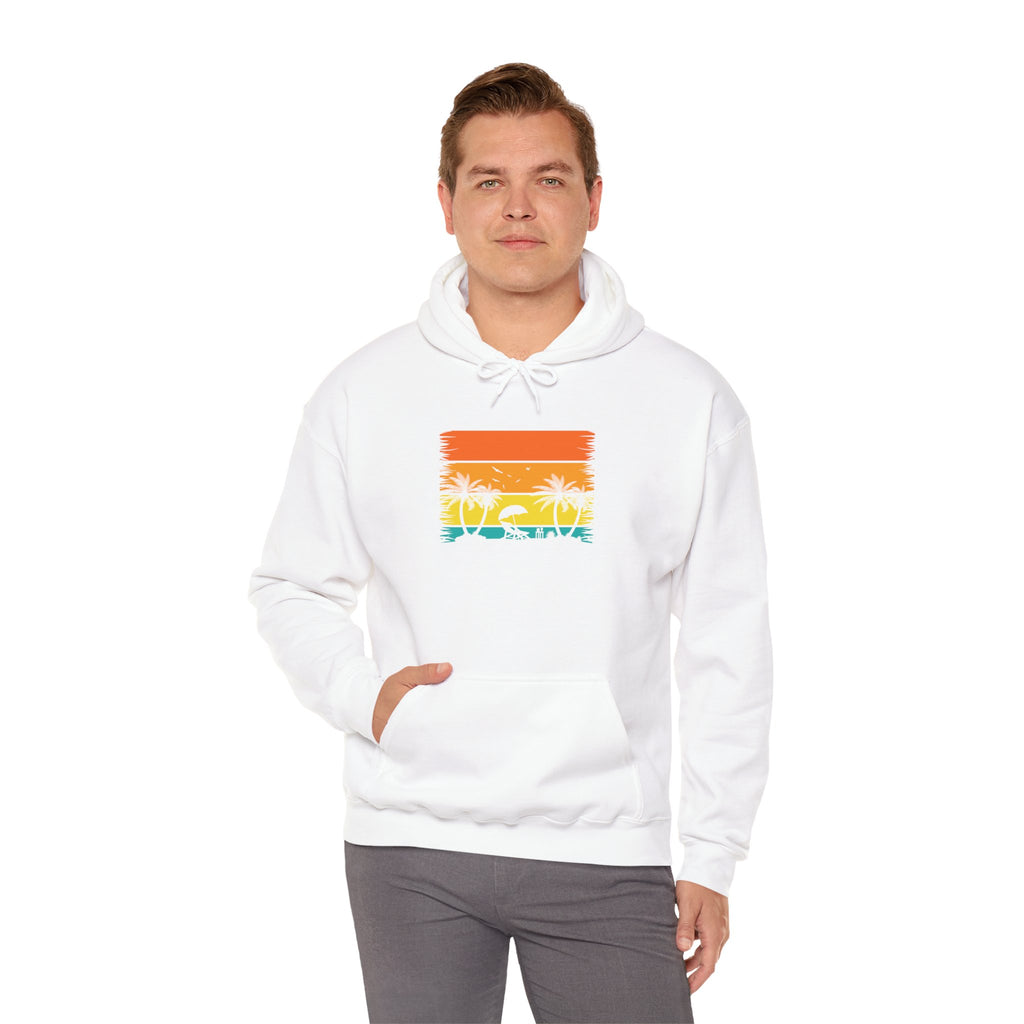 Retro Tropical Sunset Palm Trees Hoodie | Vintage Beach Striped Design
