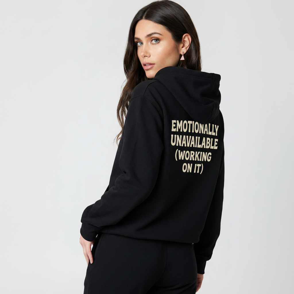 Emotionally Unavailable (Working On It) Hoodie | Black Pullover Sweatshirt